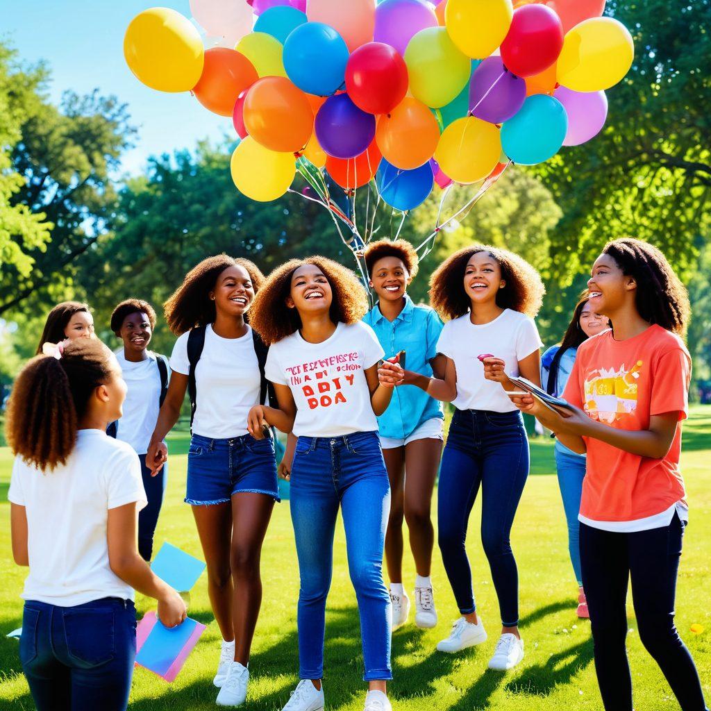 A vibrant scene of diverse teenagers joyfully interacting in a sunny park, sharing laughter and experiences, surrounded by colorful balloons and flowers, symbolizing connections and happiness. Include elements of empowerment like books and art supplies scattered around, representing growth and creativity. Use soft, warm lighting to evoke a cheerful atmosphere. bright colors. playful illustration style.