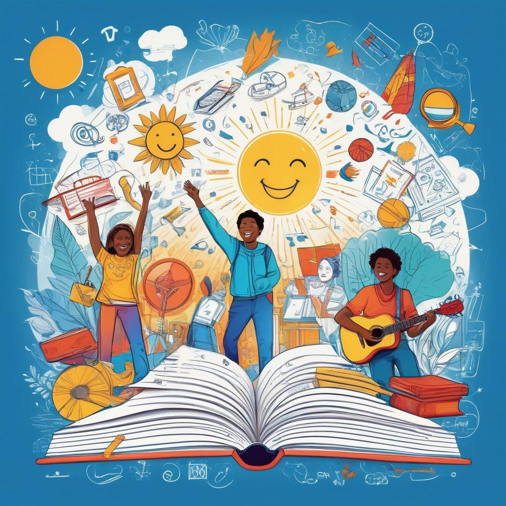 A vibrant, colorful blueprint featuring diverse teens engaging in various positive experiences, like studying together, volunteering, and having fun outdoors. The background is filled with uplifting icons like smiles, sun rays, and playful doodles that symbolize joy and growth. Include elements like books, musical instruments, and sports equipment to represent enrichment. The overall tone should be cheerful and motivating, inspiring happiness and creativity. vector art. vibrant colors. white background.