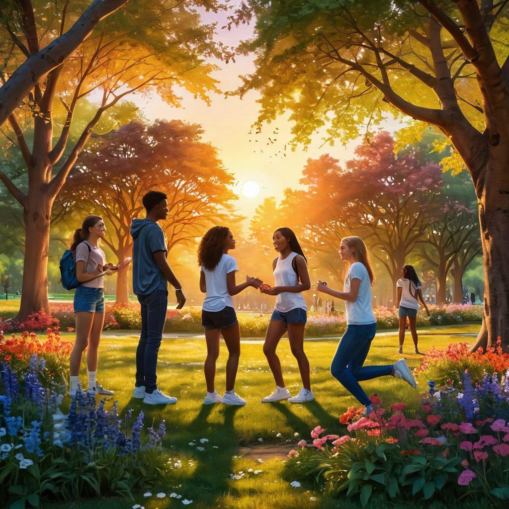 A vibrant scene of diverse teenagers joyfully interacting at a beautiful park, surrounded by blooming flowers and tall trees. A glowing sunset casts a warm hue, symbolizing hope and happiness, while whispers of secrets blend in the air. Include elements of creativity like colorful artwork and musical notes floating around. The atmosphere reflects a sense of empowerment and growth. super-realistic. vibrant colors. 3D.